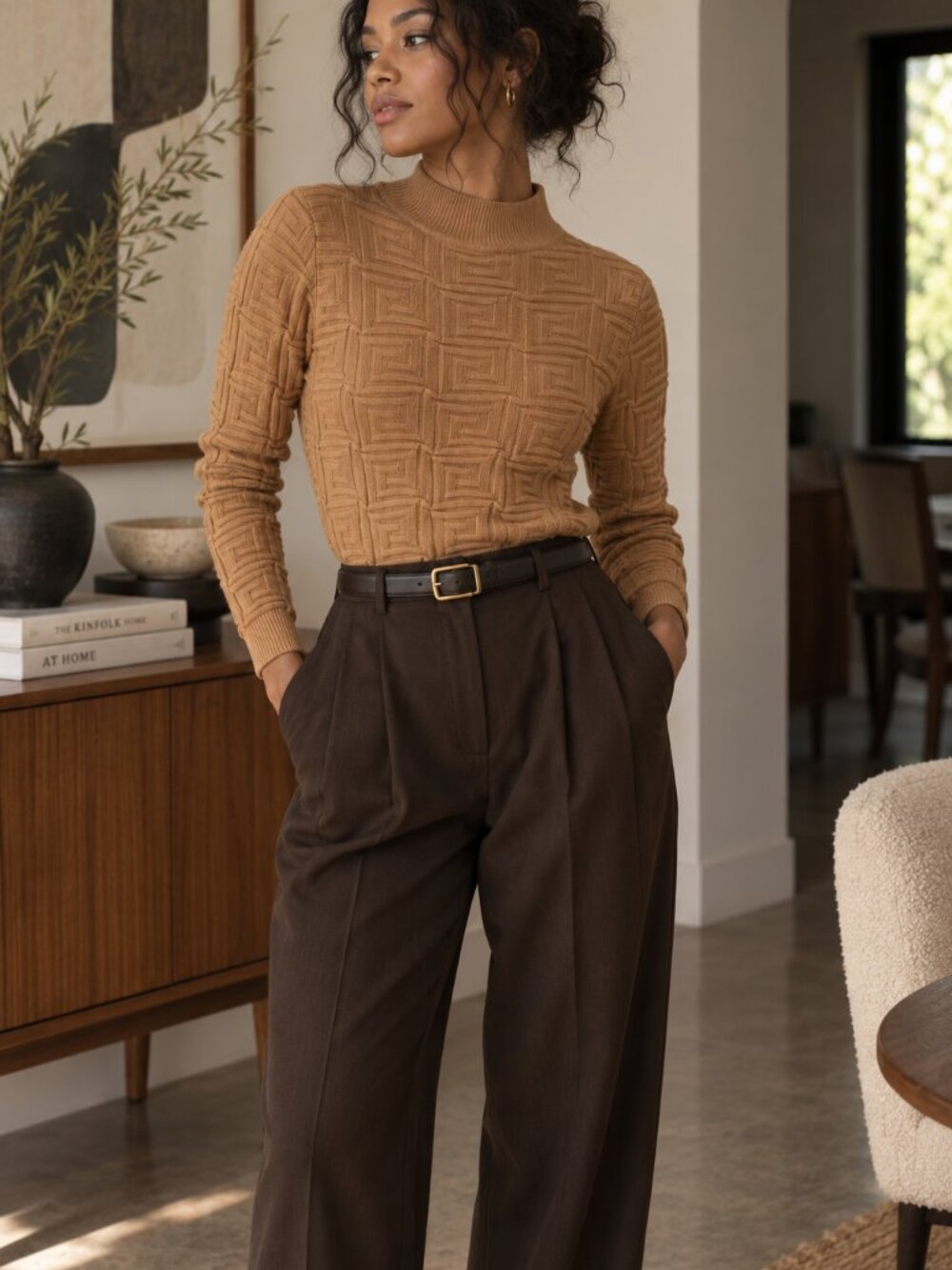 Jolie & Joy Camel Geometric Textured Mock Neck Sweater Size L‎ ✨
